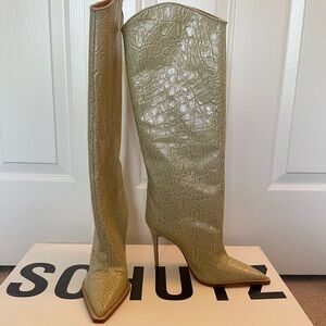 Schutz Maryana Welt Wild Leather Boot - Almond Buff Croc Embossed